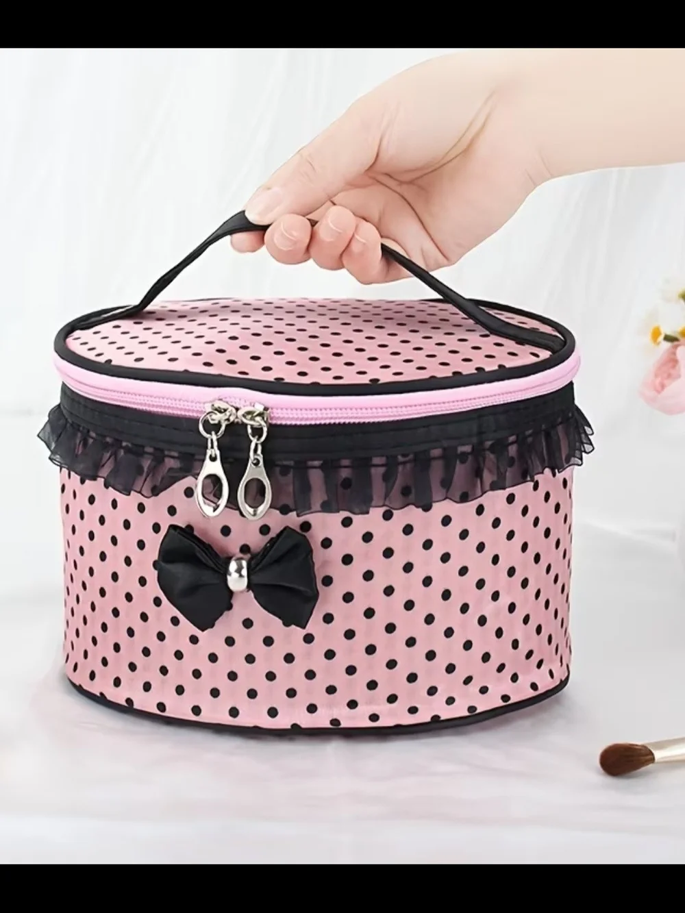 Pink Polka Dot Cosmetic Train Case with Black Trim and Bow